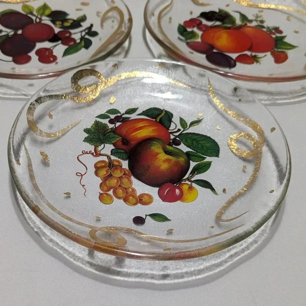 Set of 3 Clear Glass Plates with Fruit Decoration Gold